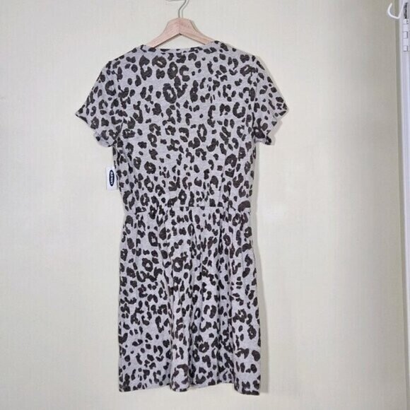 Old Navy Shirt Dress Womens M Beige Snow Leopard Cinched Waist SS Summer Cottage - Picture 16 of 16